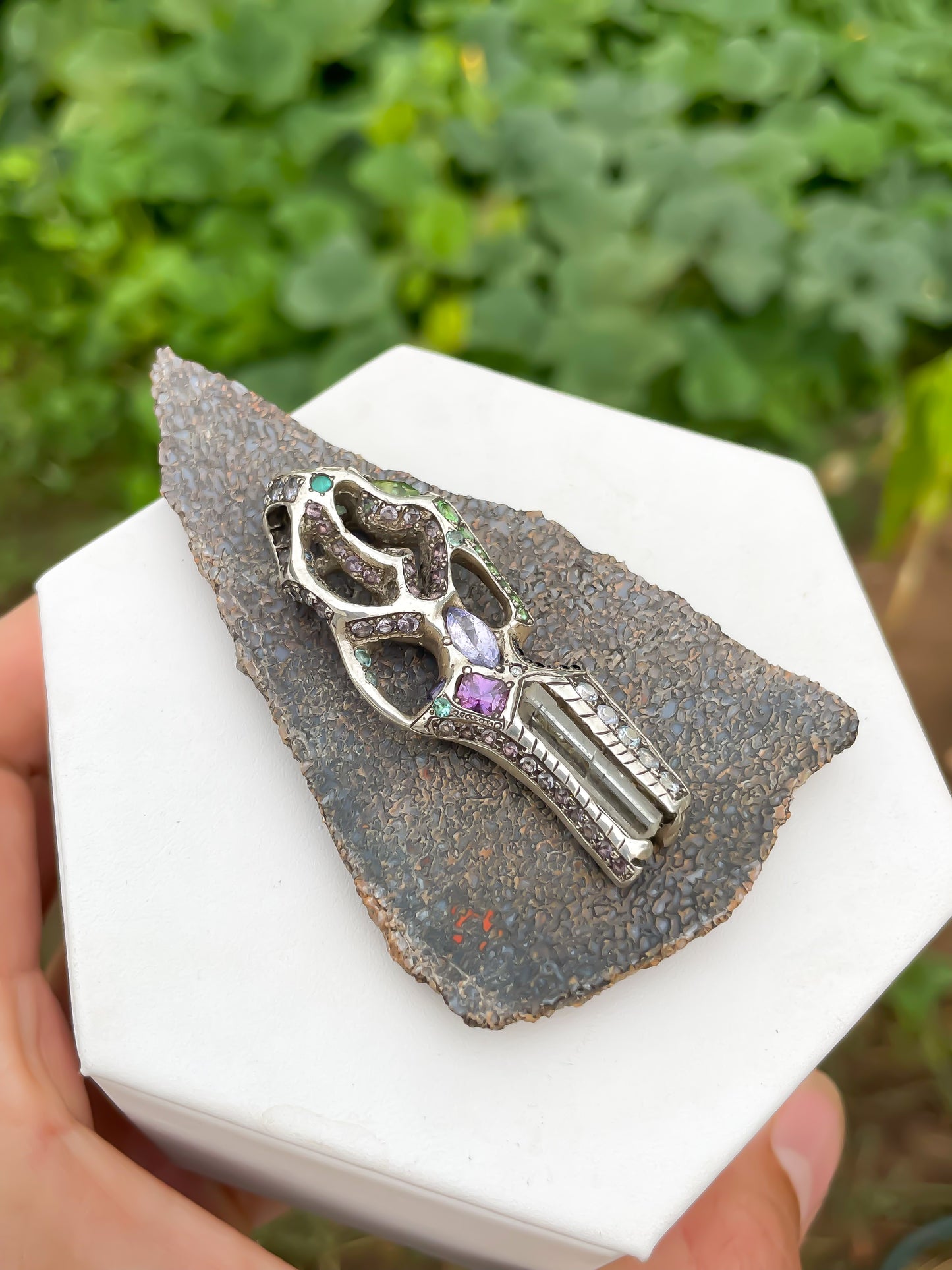 “Parhelion Ascended” Merelani Mint Garnet, Myanmar Phenakite, Tanzanite, Umba Sapphire Pendant