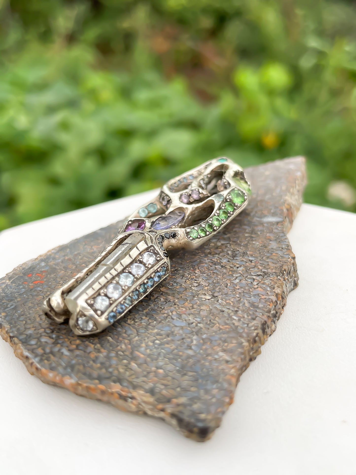 “Parhelion Ascended” Merelani Mint Garnet, Myanmar Phenakite, Tanzanite, Umba Sapphire Pendant