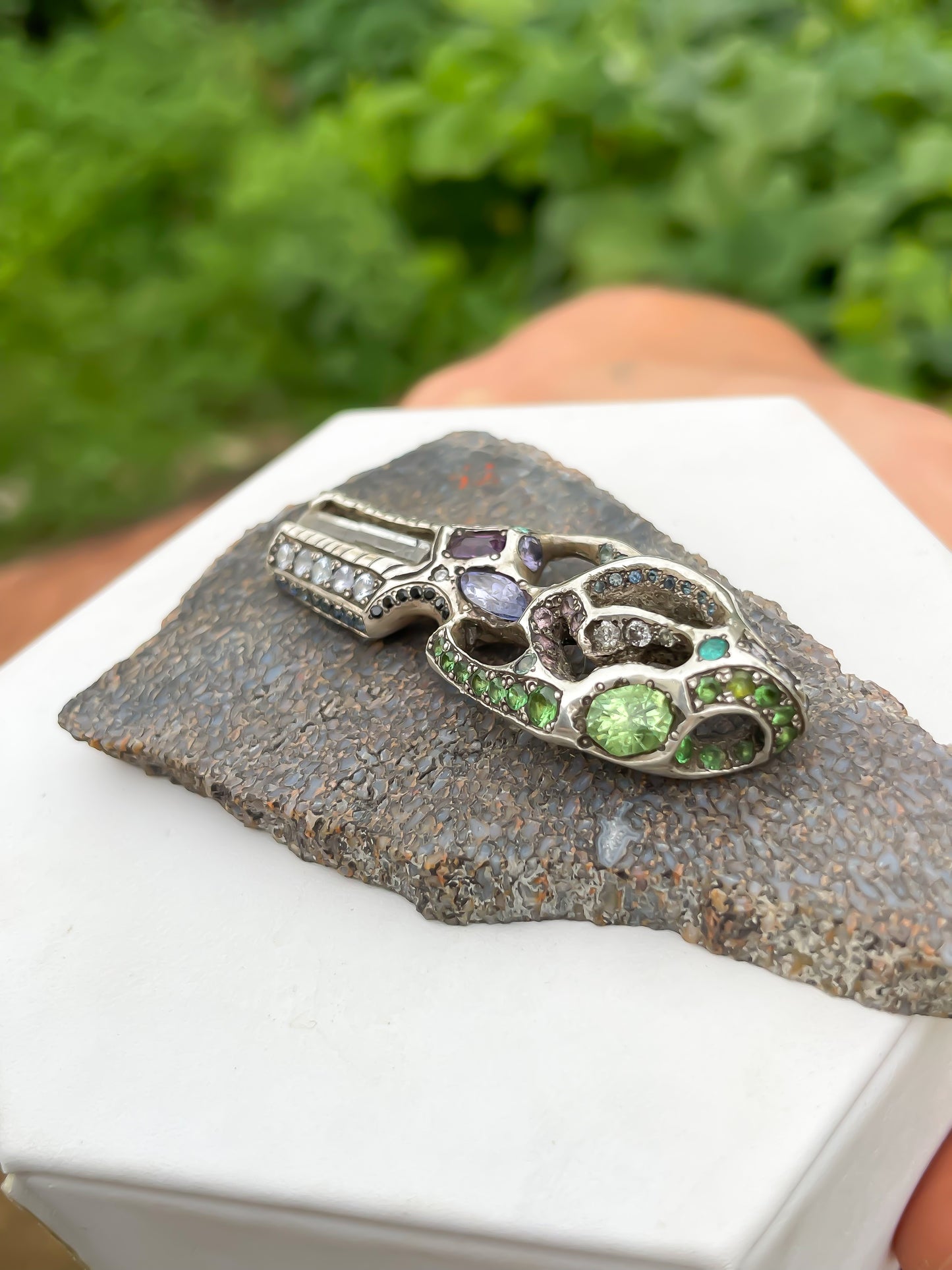 “Parhelion Ascended” Merelani Mint Garnet, Myanmar Phenakite, Tanzanite, Umba Sapphire Pendant